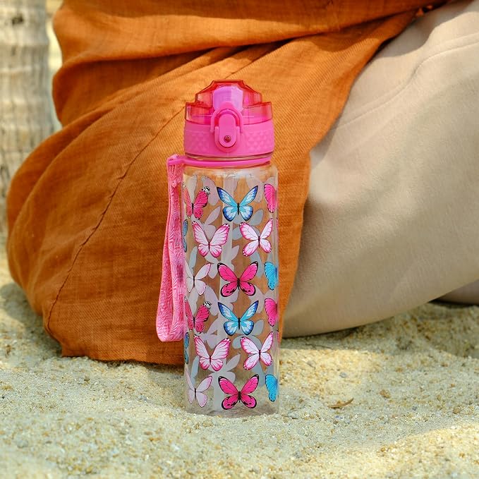 OLDLEY 17oz Kids Water Bottle, Tritan BPA-Free, Leakproof Flip Straw Lid, Motivational Time Marker, Carry Strap, Reusable Clear Water Bottle for Boys & Girls,Colorblock Butterflies