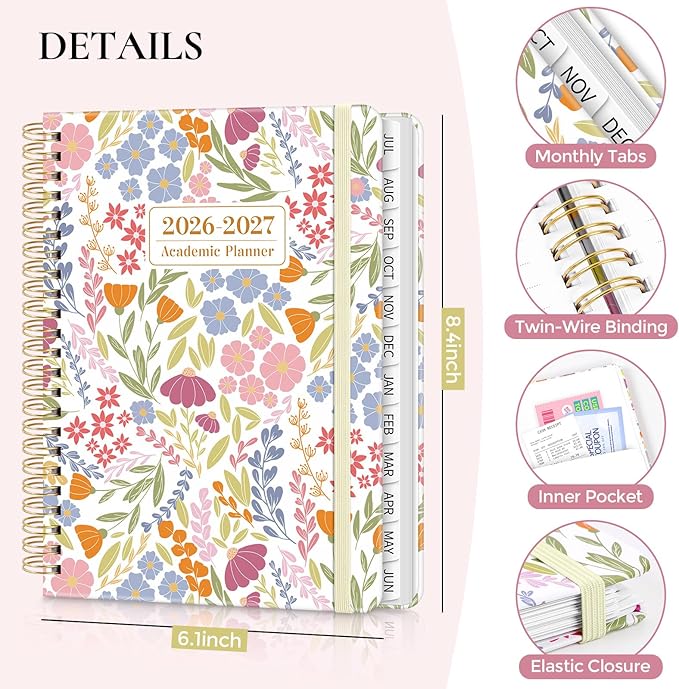 KONVINIT Academic Planner 2026-2027, 12 Months 2026-2027 Monthly Planner - July. 2026 to June. 2027, Daily Planner 2026 with Tabs for Student & Teacher, A5 (6.1" x 8.5") Week Planner for Home, Office, School Supplies, Tiny Floral Print