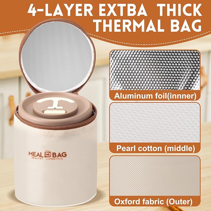 Dandat 2 Pcs Portable Insulated Lunch Containers Thermal Bento Box with Bag Fork Knife Microwavable Stainless Steel Lunch Box 15.2 oz 21 oz Separate Stackable Food Jar for Adult Men Women(Khaki)