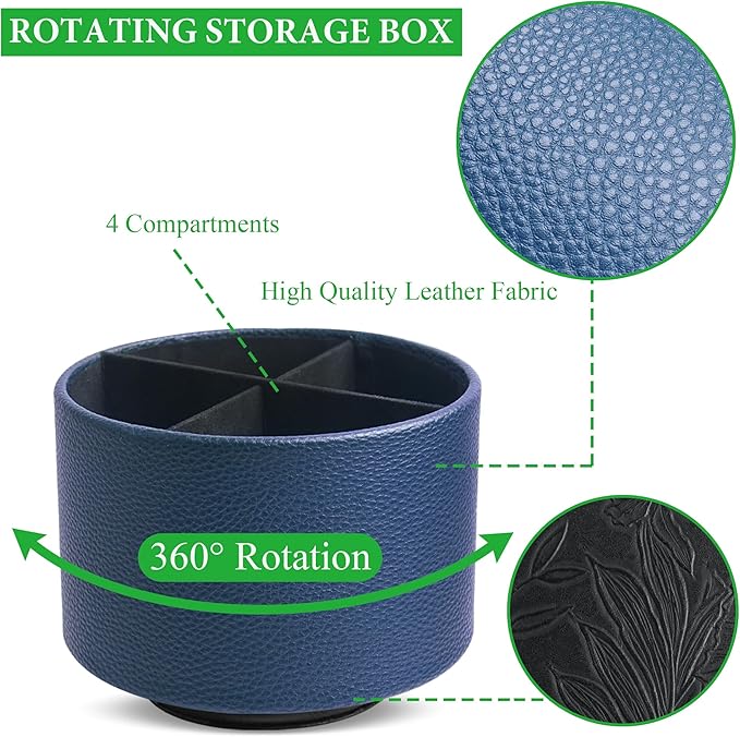 Round Leather Art Supply Organizer,Remote Control Holder,360 Degree Spinning,Multi-Functional Pencil Holder,4 Compartments Desktop Stationary Organizer(1-Lichee Blue)