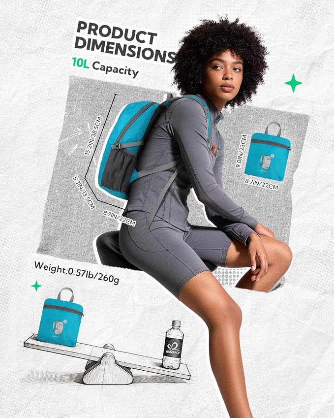 WATERFLY Small Packable Travel Backpack: 10L Ultra-Light Daypack for Adults | 9.2 oz,Water-Resistant Nylon,Breathable Mesh Straps,Reflective Strips,Emergency Whistle,Multi-Pockets,Hiking,Cycling,Commute