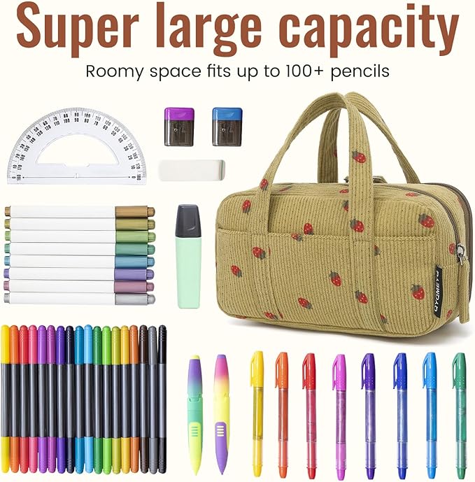 Large Pencil Case Pouch, Extra Big Pencil Bags with Zipper, Cute Corduroy Pencil Pouch with 5 Compartments, Pen Bag Wide Opening, Pencil Pouch Organizer, Pencil Box for Teen Girls Adults
