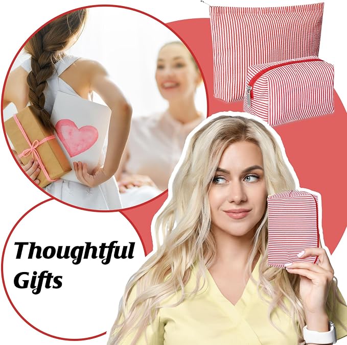 Huhumy 2 Pcs Makeup Bag Set for Women, Red, Thin Striped Seersucker | Cute Cosmetic Pouch Women Travel Toiletry Bag Preppy Small Makeup Purse Pouch Aesthetic Skincare Brushes Storage Organizer