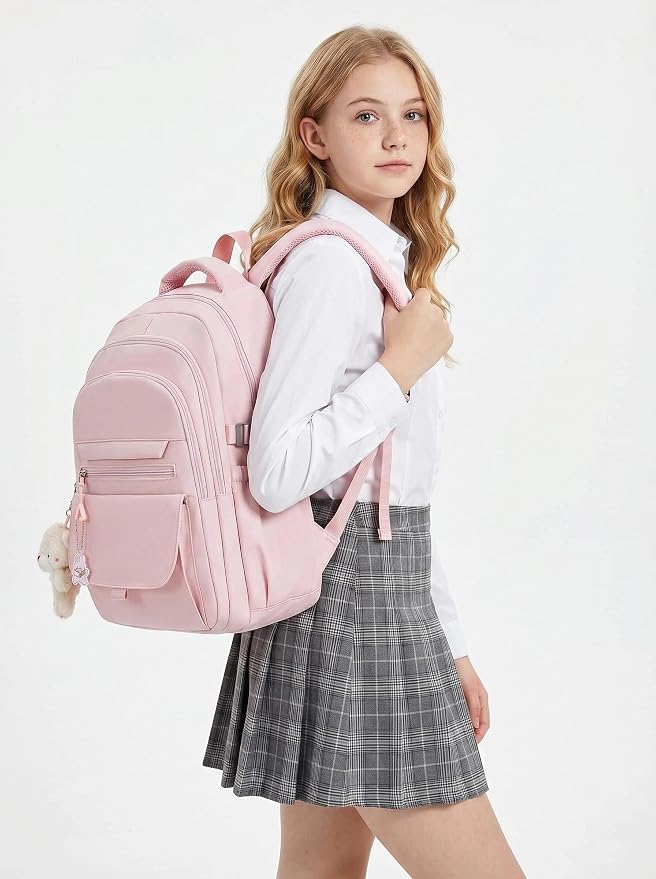 PRLINJSK Girls Backpack for College High Middle School Student, Cute Aesthetic Bookbag for Teens Women with Accessories,Pink
