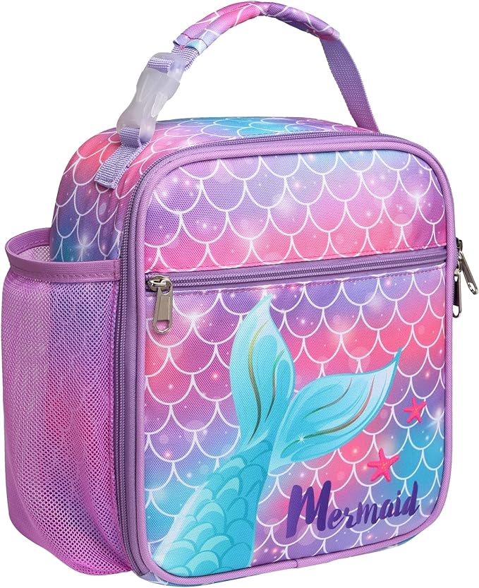 Bagseri Kids Lunch Box for Girls - Insulated Toddler Lunch Bag Fits Bento Box, Reusable Daycare Cooler Tote with Clip Handle, Water-Resistant Lining, Purple Mermaid Tail