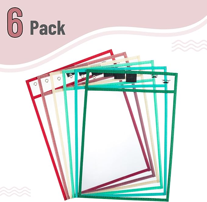 Mr. Pen- Reusable Dry Erase Pocket Sleeves, 10" x 14", 6 Pack, Colorful, Clear Plastic Paper Sleeves, Ticket Holders, Clear Plastic Sheet Protectors, Teacher, School, Classroom Supplies