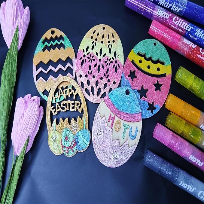 HOTU Glitter Markers Pens, 16 Colors Glitter Acrylic Paint Pens, Sparkly Metallic Dual-Tone Reversible Smooth Tips Shimmer Marker 8 Count for Coloring, Rock Painting, Wood, Fabric, DIY Craft