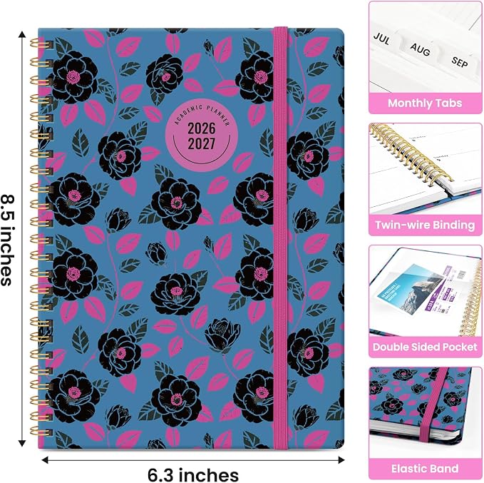 Planner 2026–2027, Weekly & Monthly Academic Organizer for School Year, Jul 2026–Jun 2027, Hardcover Planner with Tabs, Back to School Essential, 6.3" x 8.5", Midnight Roses