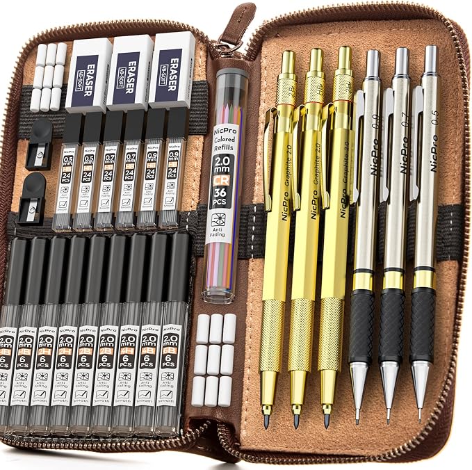 Nicpro 30PCS Art Mechanical Pencils Set in Leather Case-Gold | Metal Drafting Pencil 0.5/0.7/0.9/2mm Lead Pencil Holder for Sketching Drawing With 252 (6b 4B 2B HB 2H 4H Color) Lead Refill