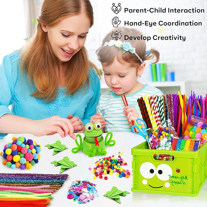 FUNZBO Arts and Crafts Supplies for Kids -Toddler Craft Kits with Glue Stick Pipe Cleaners Popsicle Stickers Construction Paper Pom Poms & Googly Eyes, Birthday Gifts for Girls Age 4+
