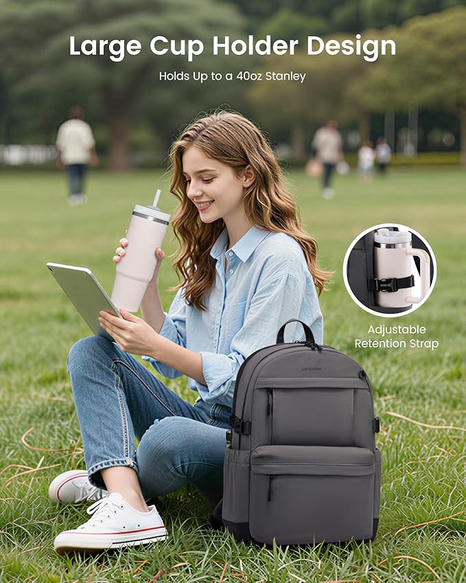 LOVEVOOK Laptop Backpack for Women with Giant Tumbler Holder,15.6 Inch Laptop Computer Bag Travel Backpack Purse,Waterproof Work Business Backpack College Bookbag Teacher Bags,Drak Grey-Black
