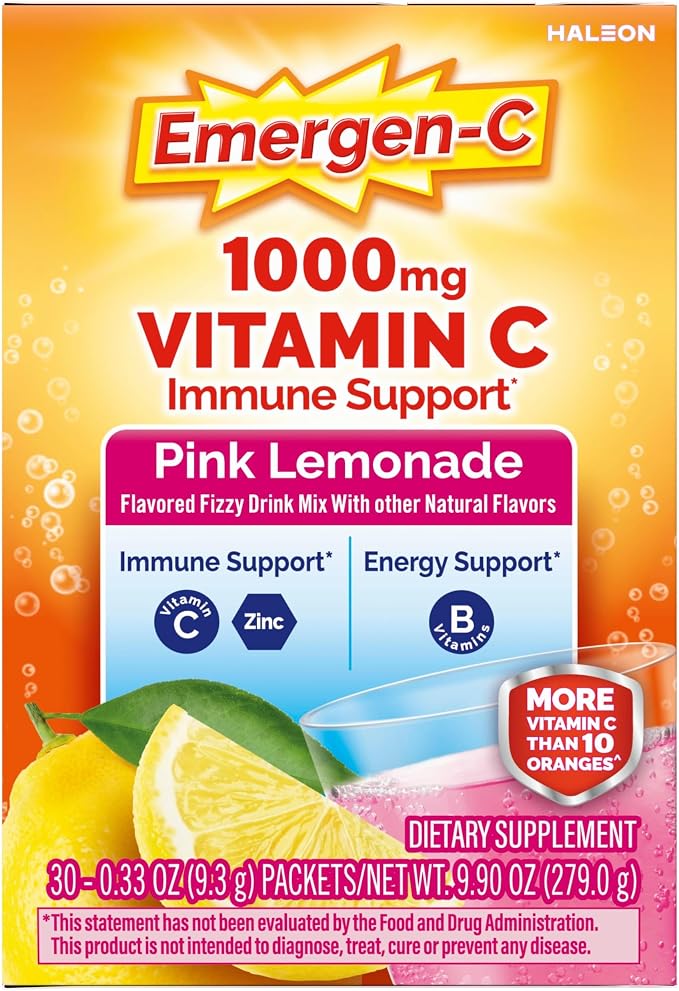 Emergen-C 1000mg Vitamin C Immune Support Powder Pink Lemonade 30CT includes Zinc, Manganese, 7 B Vitamins and Electrolytes for Back to School Essentials