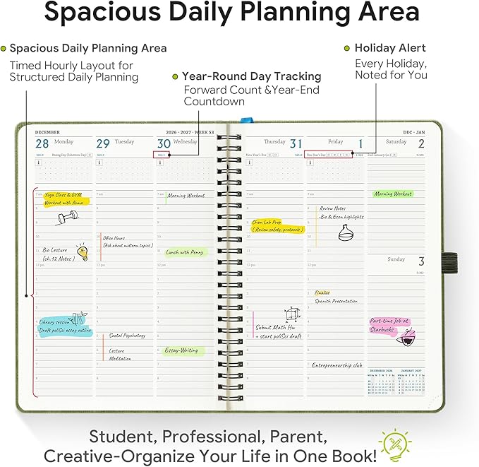 2026-2027 Planner, Daily Weekly Monthly Academic Planner, 18 Months Spiral Bound Agenda, 6.5"x 8.5", Vertical Layout, Calendar Planner, Vegan Leather Soft Cover,Blue