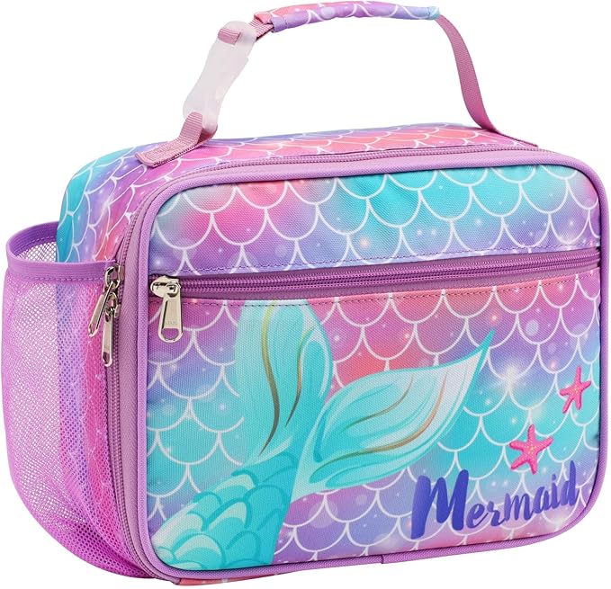 Bagseri Kids Lunch Bag Girls - Thermal Insulated Lunch Box Tote with Water Bottle Holder, Reusable Leak-Proof Kids Lunch Box for Daycare & School, Purple Mermaid Tail (Containers Not Included)