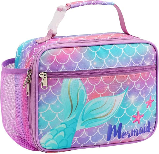 Bagseri Kids Lunch Bag Girls - Thermal Insulated Lunch Box Tote with Water Bottle Holder, Reusable Leak-Proof Kids Lunch Box for Daycare & School, Purple Mermaid Tail (Containers Not Included)
