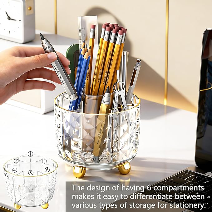 GOTOBA 360° Rotating Pencil Holder for Desk, Makeup Brush Holder with 6 Slots, Desk Organizer for Writing Utensil, Office and School Supplies (Transparent)
