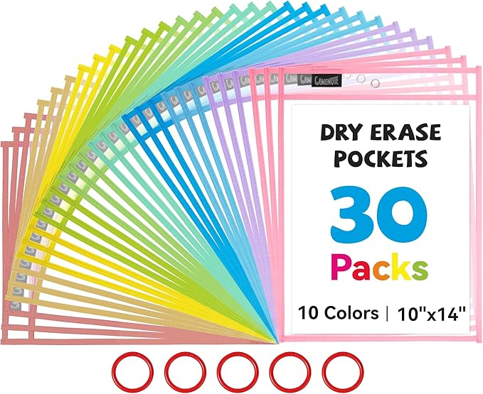 Gamenote 30 Pack Pastel Dry Erase Pockets with 5 Rings, 10 Assorted Colors Macaron 10x14 Oversized Reusable Plastic Sleeves, Clear Sheet Protectors, Teacher Supplies for Classroom Organization