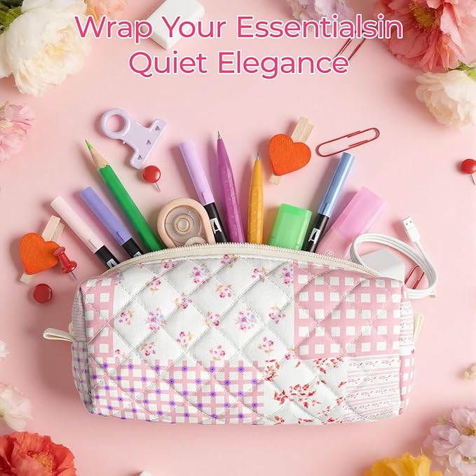 Cute Quilted Pencil Case for Girls Women, Aesthetic Small Floral Pencil Pouch,Slim Soft Pencil Bag for School Supplies Makeup Pouch for School & Daily Use (Pink Patchwork)