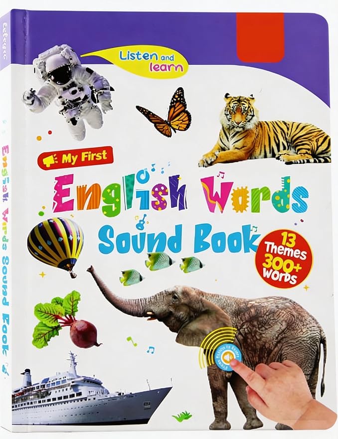 English Words Sound Book Toy, English Learning Talking Book, 300+ Words, 13 Themes, Press to Learn Phonics, Interactive Educational Books for 3 Year Olds