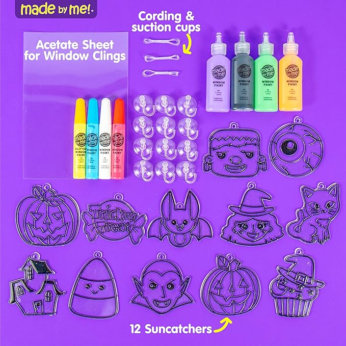 Made By Me Create Your Own Halloween Window Art by Horizon Group USA, Make 20 Projects, Includes Suncatcher Frames & Window Clings, Glow-in-The-Dark Paint, Paint Tubes, Suction Cups & Cording,Multi