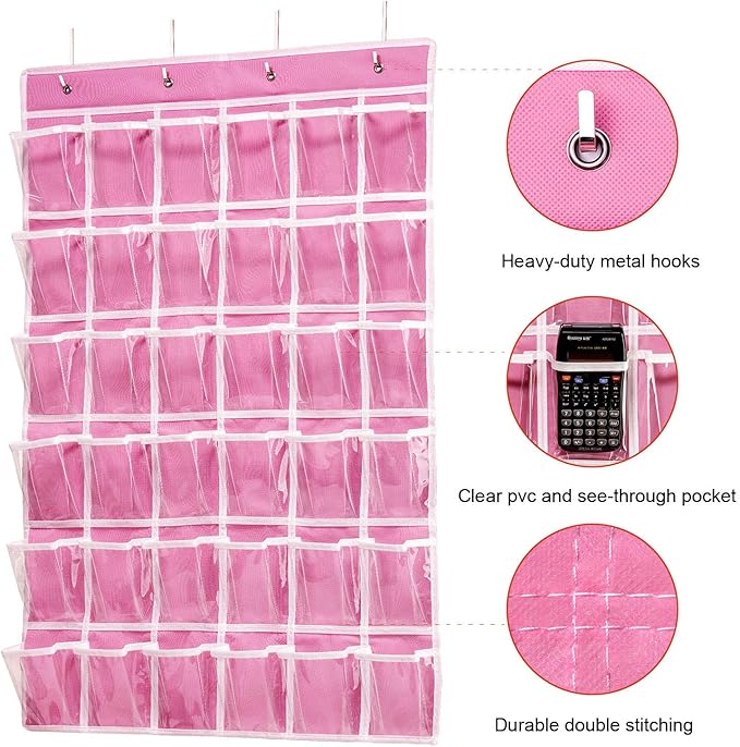 ANSTROUT 36 Clear Pockets Classroom Pocket Chart for Cell Phones, Pocket Chart Organizer for Calculator Holder with 36 Number Sticker Classroom Hanging Cell Phones Organizer (Pink)