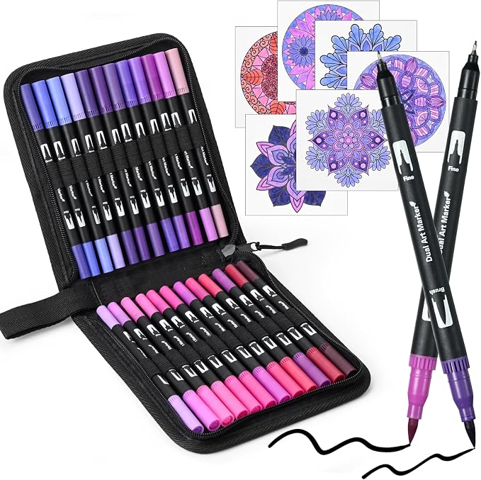 Purple Dual Tip Brush Pen,Colored Fine & Brush Calligraphy Pens, Dual Tip Purple Markers for Adult Coloring Books Drawing Planner Calendar Art Sketch Outlining Sketching Calligraphy
