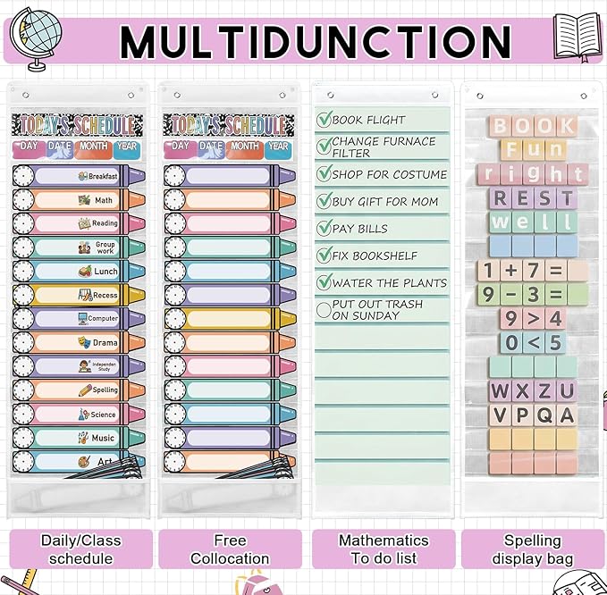 Gueevin Daily Schedule Pocket Chart for Classroom, 15+1 Pockets with 32 Pcs Double-Sided Reusable Cards Daily Schedule Pocket Chart Decor for Classroom School Home Activity Office Supplies(Crayon)