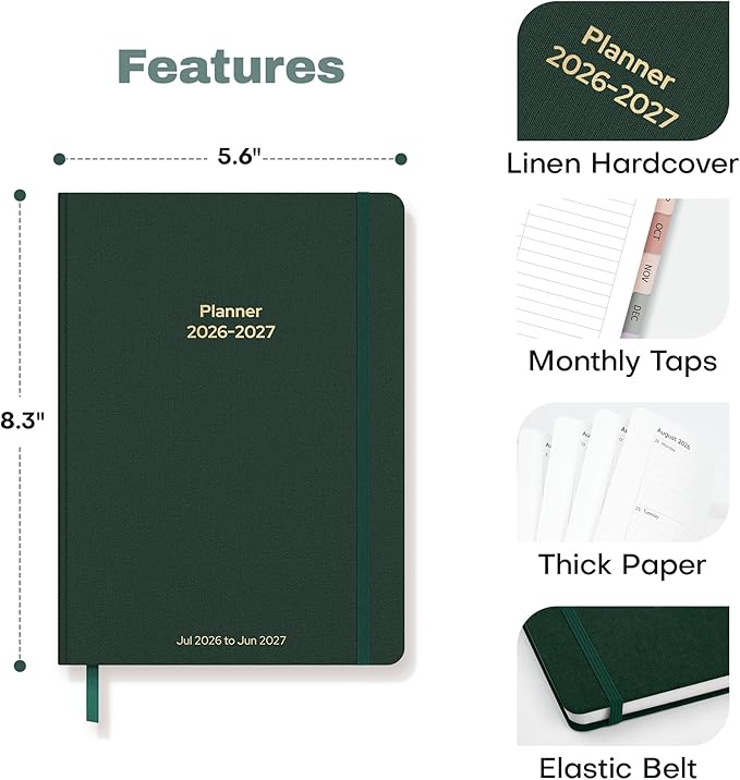 Planner 2026-2027 Monthly and Weekly Academic Planner July 2026 - June 2027, Linen Hardcover Agenda 2026-2027 Calendar Daily Planner for Student Teacher with Monthly Tabs, 6" x 8.3", Dark Green