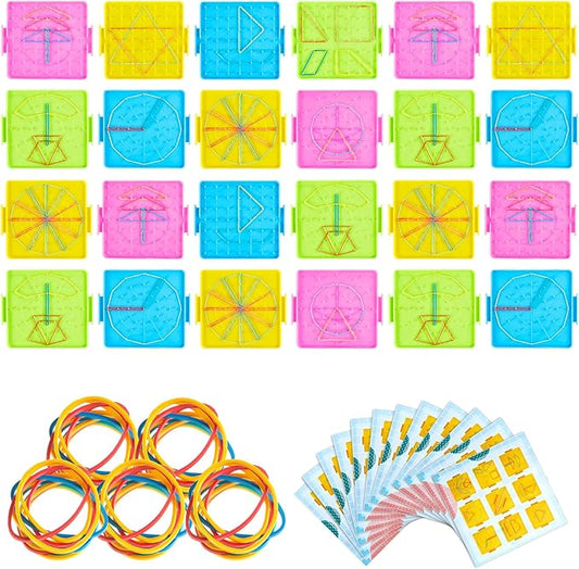 Deekin 24 Pcs Double Sided Geoboard Mathematical Kids Geoboards with Rubber Bands Math Manipulatives Toy for Geometry, 6.9 x 6.3 Inches Classroom Back to School