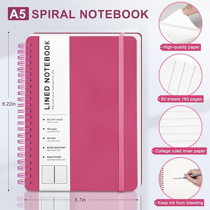 Lined Spiral Journal Notebook with 160 Pages, 8×5.7in, A5 Spiral Notebook, Journaling Notebooks for Work, School, Women, Men, College Ruled Spiral Notebook, Hardcover Leather Journals, Deeppink