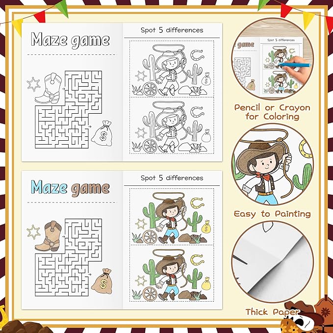 JAPBOR Western Cowboy Coloring Books - 24PCS Mini Wild West Theme Activity Color Book Bulk for Kid Party Favors, Cowgirl Horse Small Colouring Pages for Birthday Gifts Class Drawing Painting Game