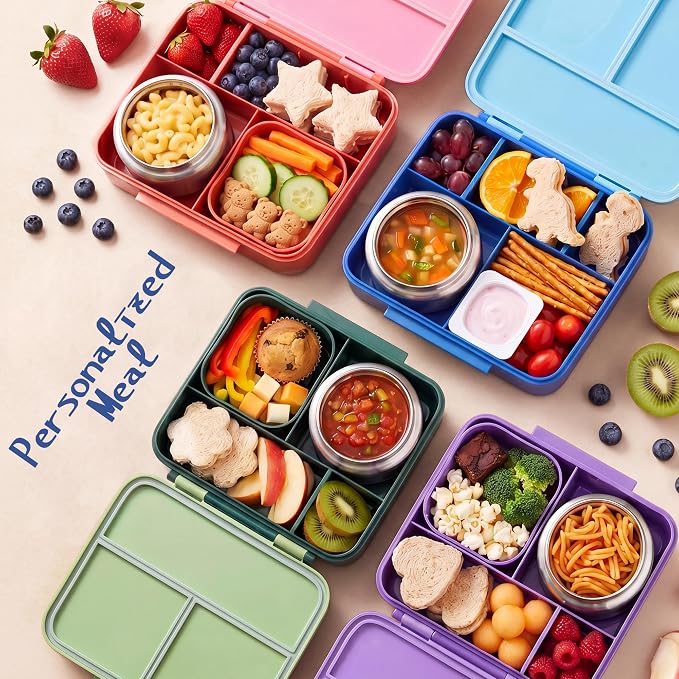 Bento Lunch Box for Kids with 8oz Soup Thermo Leak-Proof Lunch Food Containers with Snack Sauce Container for Kid Girls Boys to School,Pink Bag