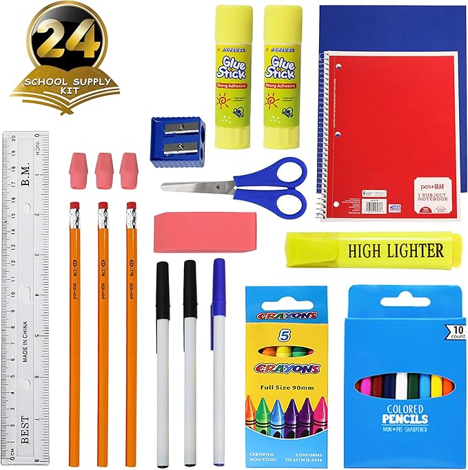 34 Piece Bulk School Supplies Kits - Pens, Pencils, Crayons, and More - Value Pack of 24 Kits - Essential Box of School Supplies for Elementary, Middle, and High School Students
