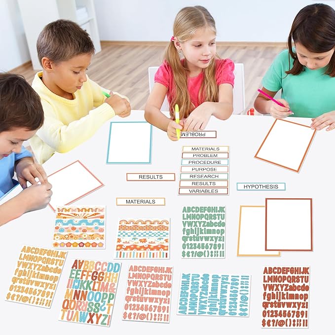 122Pcs Science Fair Board Supplies 72 Groovy Hippie Trim Scalloped Borders 36 Presentation Board Subtitles 6 Self Adhesive Project Titles 8 Letter Stickers for Classroom Office Decor(Groovy)