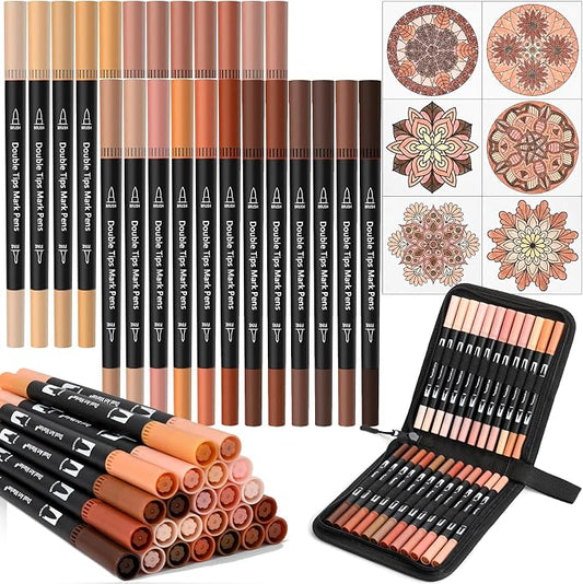 Skin Tone Dual Tip Brush Pen,Colored Fine & Brush Calligraphy Pens, Dual Tip Brown Markers for Adult Coloring Books Drawing Planner Calendar Art Sketch Outlining Sketching Calligraphy
