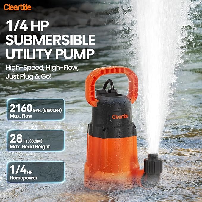 Submersible Utility Water Pump, 2160 GPH Portable Sump Pump with Copper Motor, Plug and Work for Pond, Garden Watering, Pool Transfer, or Hot Tub Emptying