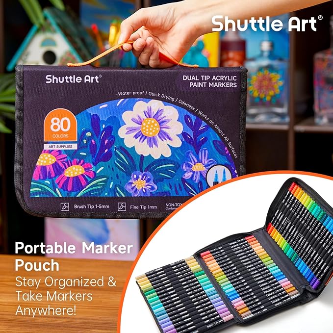 Shuttle Art 80 Colors Dual Tip Acrylic Paint Markers, Brush Tip and Fine Tip Acrylic Paint Pens for Rock, Ceramic, Wood, Canvas, Plastic, Glass, Stone, Calligraphy, Card Making, DIY Crafts