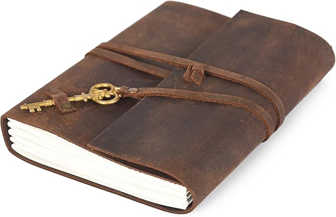 Leather Journal Travel Diary, Handmade Vintage Bound Notebook for Men & Women, Antique Key, Genuine Buffalo Leather- Quality Unlined Cream Paper Perfect for Notes, Art Sketchbook, 8X6 Inches, Cream