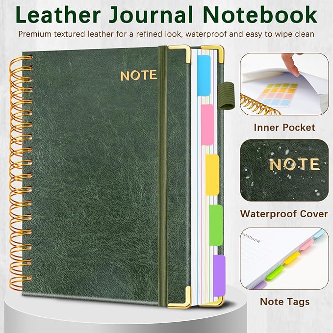 Hardcover Spiral Notebooks for Work 6.2"x 8.2", 300 Pages 5 Subject Notebook with Dividers & Tabs, A5 Spiral Journal for Women, College Ruled Notebook for School Note-Taking (Green)
