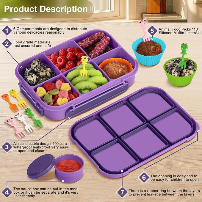 Amathley Lunch Box Kids Girls Boys,Bento Box Adult,Toddler Lunch Containers for School,Leakproof Snack Containers with 6 Compartments,Sauce Container,10 Food Picks and 4 Muffin Cups (Purple)
