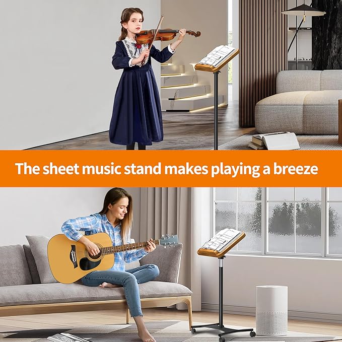 NAMON Rolling Floor Book Stand for Reading, 100% Solid Wood, Height Adjustable 16.5"-51", Floor Reading Stand with 4 Lockable Casters & Page Clip for Books, Sheet Music (Rolling/Classic, 10" x 15")