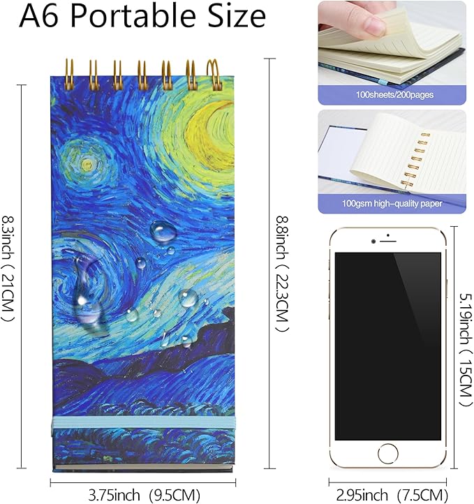 3 Pack Top Spiral Notepad Reporters Notebook Thick Superhard Cover Top Bound Spiral Notebook Van Gogh Gifts Grocery List Notepad Steno Notebooks 8.8x3.75 In 3x200 Pages 100GMS To Do List