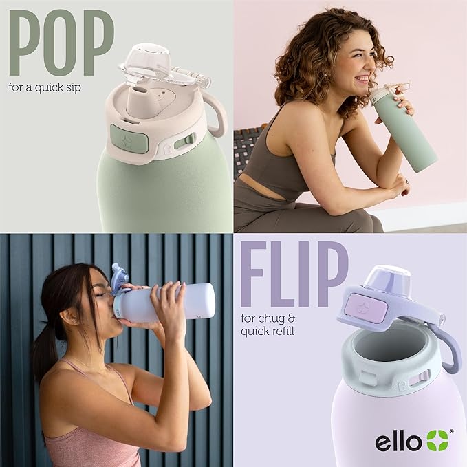 Ello Pop & Fill 32oz Stainless Steel Water Bottle with QuickFill Technology, Double Walled and Vacuum Insulated Metal, Leak Proof Locking Lid, Straw and Chug, Reusable, BPA Free, Blossom Bliss