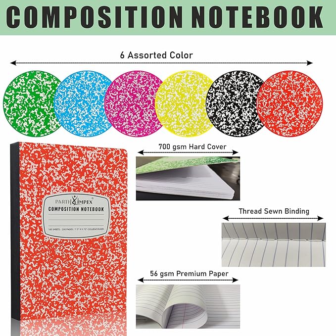 PARTH iMPEX 12 Pack Bulk Composition Notebooks College Ruled, 200 Pages (100 Sheets), 9-3/4 x 7-1/2, Hard Cover College Ruled Notebooks, Assorted Colors Composition Notebook For School Office