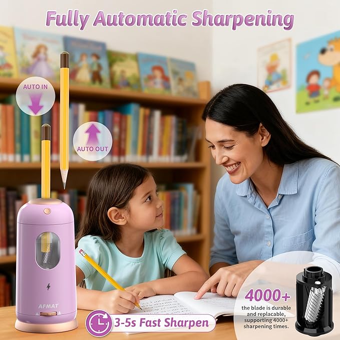 AFMAT Electric Pencil Sharpener, Auto in & Out, Fully Automatic Pencil Sharpener, Rechargeable Hands-Free Sharpeners for Jumbo & Colored Pencils (7-11.5mm), Good for Classroom/Home PSC8(Light Purple)