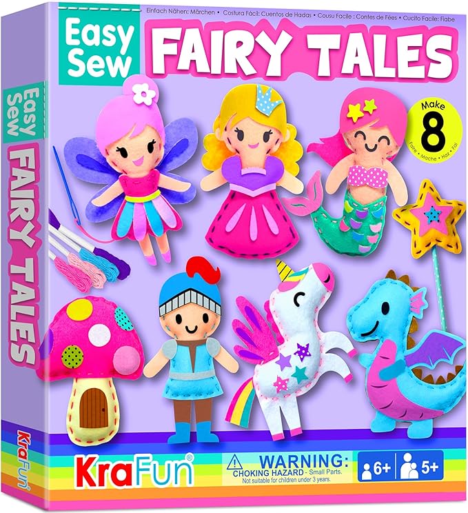 KRAFUN Easy Sew Fairy Tales Sewing Kit for Kids Beginners, Make 8 DIY Felt Plush Toys with Pre-Punched Holes, Arts & Crafts for Girls Ages 5-10