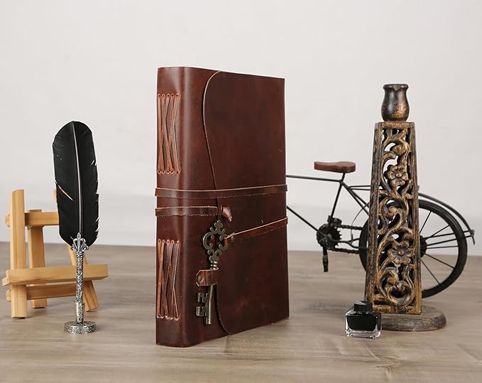 Leather Journal with Deckle Edge Paper 8x6 inch and Vintage Key | Handmade Writing Notebook Diary | Bound Daily Notepad for Men & Women Medium, Sketch/Writing pad for Artists