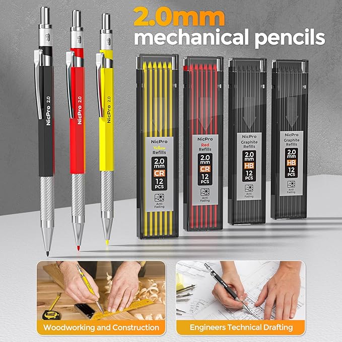 Nicpro 39 Pack Carpenter Pencils with Sharpener, Mechanical Carpenter Pencil Set with 102 Refills, Long Nib Marker Pens, Carbide Scribe Tool & Construction Pencils for Architect Woodworking with Case
