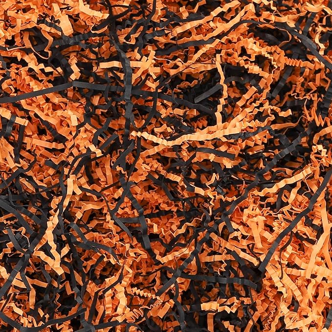 TANMWZK Crinkle Cut Paper Shred Filler 8 oz (1/2 lb) Gift Wrapping & Gift Basket Filler for Christmas,Halloween & Wedding Decorations,Easter Basket Grass Filler (Orange and Black)