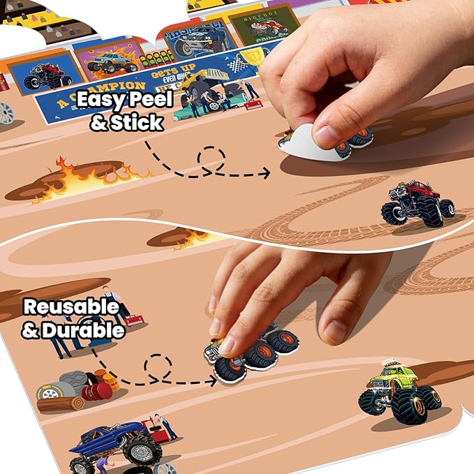 Elfew 6 Pack Car Sticker Books for Toddlers 2-4, Reusable 3D Puffy Vehicle Stickers for Boys 3-5, Construction Trucks Racing Mess Free Activity Set - Road Trip Essentials Birthday Gift
